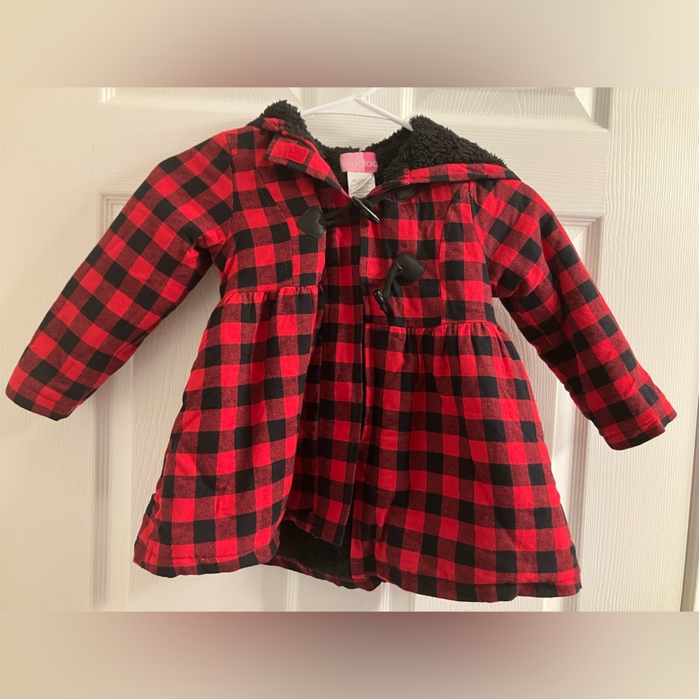 Toddler Fleece Lined Buffalo Check Toggle Hooded Jacket, Peplum Fit, NWT